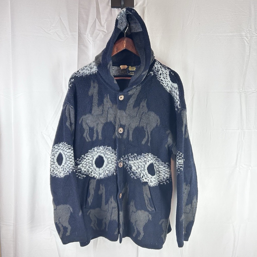 Tejidos Atahualpa Wool Aztec Sweater Mens Size Medium Blue Button Pockets Alpaca